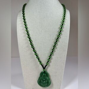 Green Jade Peking Like Glass Buddha Pendant on Beaded Chain Necklace